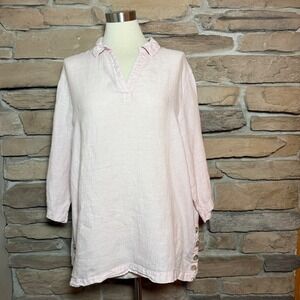 Sigrid Olsen Pink Linen Tunic Shirt 3/4 Sleeve V-Neck Button Side Sz L
